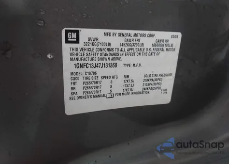 2007 Chevrolet Tahoe Ls z USA, uszkodzony, nr VIN 1GNFC13J47J131360